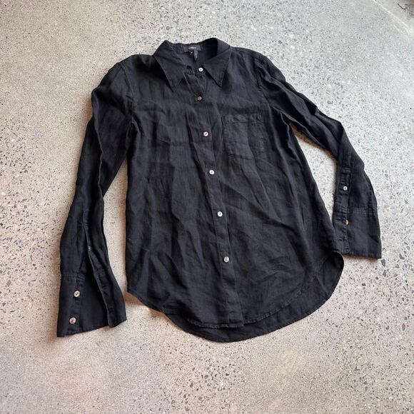 Theory Women’s Medium Button Down Shirt Black Linen Basic Classic Blouse - Picture 1 of 2